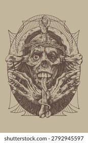 Grotesque skull figure with crown of thorns and surreal anatomy