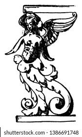 Grotesque Stall is found in San Agostino, It is a design of a winged female with an ending of foliage, vintage line drawing or engraving illustration.