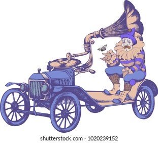 
Grotesque steampunk car and sad clown. Vector illustration