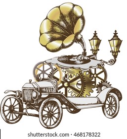 Grotesque steam-punk car. Vector illustration