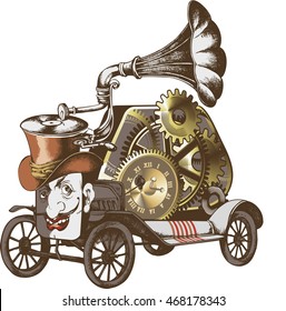 Grotesque steam-punk car. Vector illustration