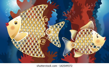 grotesque stylized fishes among the coral reefs