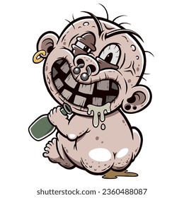 A grotesque and unsettling cartoon-style illustration of a creepy baby with an exaggerated grin, decayed black teeth, drooling saliva, and wild, unkempt hair.