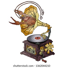 Grotesque vintage steampunk style gramophone with lobster crawling out of it. Hand drawn psychedelic fantasy illustration. Music festival, band poster, t-shirt, tattoo, logo design.