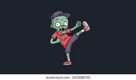 A Grotesque Walking Dead Character Demonstrates a Dynamic Martial Arts Kick Against a Dark Background