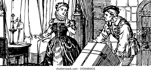Grotius, this scene shows a man carrying box and woman standing near him and telling something to him, table and chair in background, vintage line drawing or engraving illustration