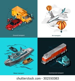 Ground air water and commercial transport low polygonal icons set isolated vector illustration  