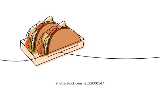 Ground beef tacos one line colored continuous drawing. Traditional Mexican street fast food. Vector linear illustration.