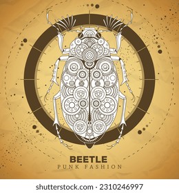 Ground beetle silhouette with gears on old paper texture background. Punk style. Vector illustration