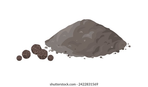 Ground black pepper and peppercorns  isolated on white background. Heap of spice powder. Vector cartoon flat illustration.