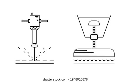 Ground boring and groundbreaking machine icon set. Civil engineering icons. Ground piercing-trimming tools icons on white background. Technical line art vector illustration. Editable line set.