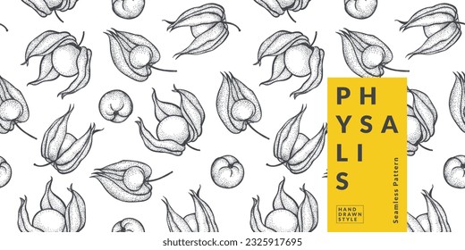 Ground cherry, Physalis packaging design templates, Hand drawn style vector illustration. Cape  gooseberry. seamless pattern