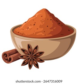 Ground cinnamon spice in small bowl isolated vector illustration on white background