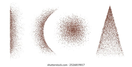 Ground coffee bean or chocolate powder in different shapes and borders. Realistic 3d vector illustration set of cocoa particle splash texture line and circle forms. Milled caffeine granule crumbs.