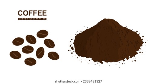 Ground coffee and brown coffee beans in flat style isolated on white background. Roasted Coffee beans vector illustration. Design elements for beverage or cafe. Vector