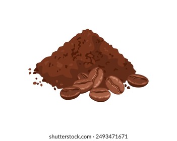 Ground coffee heap and beans isolated on white background. Vector cartoon illustration.