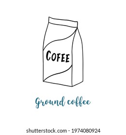 Ground coffee package. Outline hand drawn logo. Stock vector illustration.
