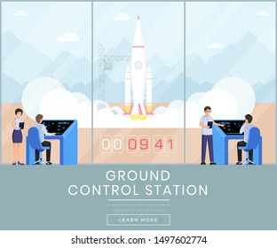 Ground control station web banner template. Rocket science, space exploration program website landing page UI layout. Spaceship launch, startup webpage, homepage vector concept with text space