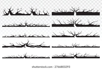 Ground crack border vector set with horizontal fracture lines and broken surface edges, isolated on transparent background, perfect for grunge frames, damage effects, overlays, and design elements.