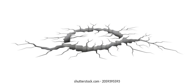 Ground crack, earthquake cracking hole, ruined land surface crushed texture. Destruction, split, damage fissure effect after disaster concept. Realistic 3d vector illustration