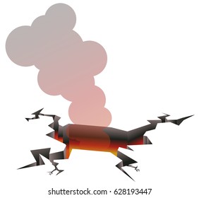 Ground crack or hole with fire and smoke vector