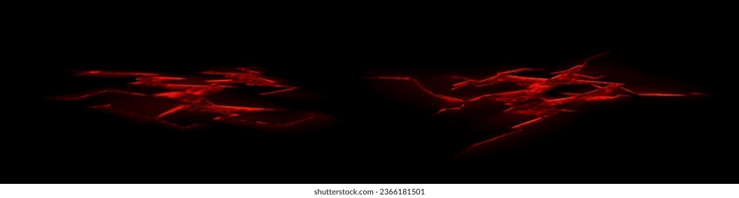 Ground crack with lava effect - volcanic glowing magma in floor holes with fractures. Realistic vector illustration set of broken earth surface with molten burning red liquid. Land destruction concept