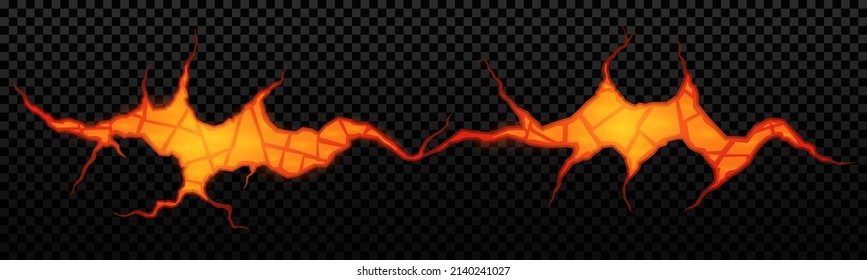 Ground crack with lava, hot molten magma in breaks on land surface. Damage fissure effect after earthquake disaster. Volcano magma glow texture in cracking holes. Vector illustration. 