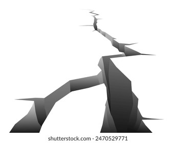 La perspectiva de la grieta. Grieta terrestre. Efecto 3D de fisura dañada. Resultado del desastre. Rotura de superficie. Consecuencias del terremoto. Camino roto. Ruina de concreto. Grieta gruñona