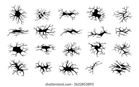 Ground cracks. Black dry crack hole. Natural, structural fracture, damage effect, dried land texture, desert landscape, cracked asphalt road. Destruction elements concept. Vector set.