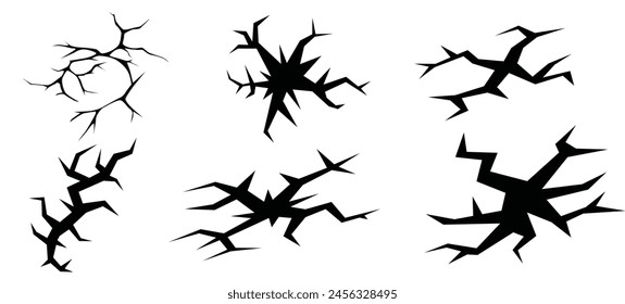 Ground cracks, breaks on land surface from earthquake isolated on transparent background. Vector realistic set of fissure in ground, crevices from disaster or drought, black fractures top view. eps 10