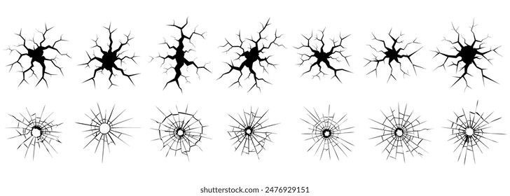 El suelo se agrieta, se rompe en la superficie de la tierra. Conjunto de textura Agujero de bala en vidrio. Vidrio roto. Cristal de ventana agrietado.