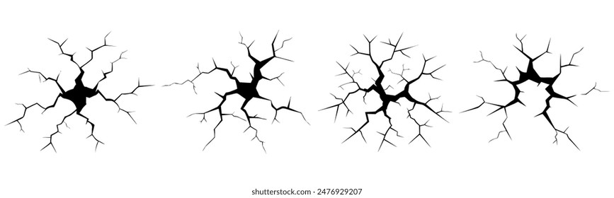 El suelo se agrieta, se rompe en la superficie de la tierra. Vector conjunto realista de fisura en el suelo, grietas de desastre o sequía, fracturas negras vista superior