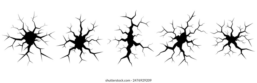 Ground cracks, breaks on land surface. Vector realistic set of fissure in ground, crevices from disaster or drought, black fractures top view