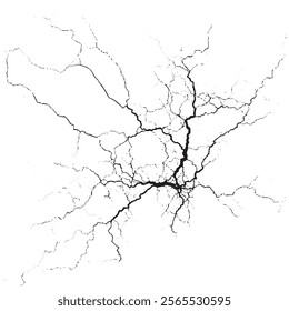 Ground cracks, breaks on land surface. Vector realistic set of fissure in ground, crevices from disaster or drought, black fractures top view
