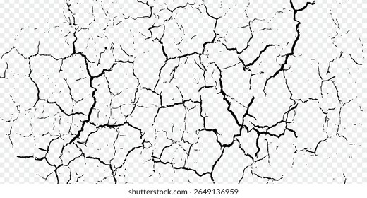 Rachaduras no solo, quebras na superfície da terra de terremoto isolado em fundo transparente. Conjunto realista de fissura no solo, fendas de desastres ou secas, fraturas pretas vista de cima