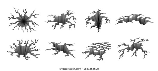 Ground cracks, clefts, holes set. Break of earth surface. Split, crevice in rock, cliff. Crevasse, ice lead. Earthquake, disaster, destruction. Vector collection isolated on white background.