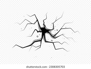 Ground cracks concept. Destruction and demolition on copy space. Black fractures top view, ground. Surface after earthquake. Cartoon flat vector illustration isolated on transparent background