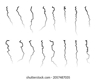 Ground cracks. Earth vertical splits. Vector illustration set isolated on white. 
