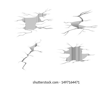 Ground cracks. Earthquake crack, hole effect and cracked surface. Cracked ground isolated on a white background. Vector illustration