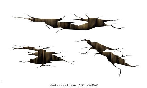 Ground cracks, earthquake cracking holes, ruined land surface crushed texture. Destruction, split, damage fissure effect after disaster isolated on white background. Realistic 3d vector illustration