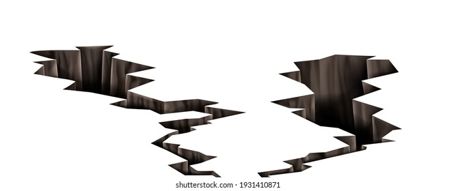 Ground cracks, earthquake cracking holes, ruined land surface crushed texture. Destruction, split, damage fissure effect after disaster isolated on white background. Realistic 3d vector illustration