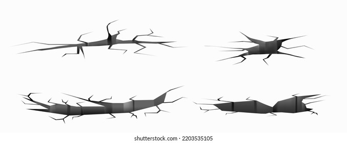 Ground cracks, earthquake cracking holes, ruined land surface crushed texture. Destruction, split, damage fissure effect after disaster isolated on white background. Realistic 3d vector illustration