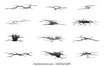 Bodenrisse. Auswirkungen von Erdbeben oder Dürre. Geteilte Oberfläche. Tiefe 3D-Löcher. Beschädigte Erde. Risse ruinieren Betonwand oder -boden. Zerstörungsspalten. Gebrochene Straße. mürrisch