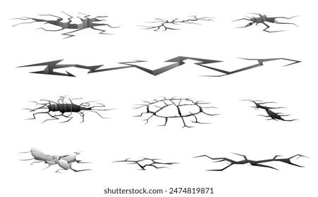 Grietas en el suelo. Efectos del terremoto. Superficie dañada. Agujeros en el suelo de la ruina. Hendidura de destrucción. Carretera dividida. Fisura gruñona. Erosión de tierras. Derramamiento de muros. Dañado seco