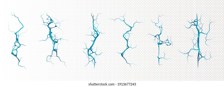 Ground cracks with frozen water inside top view, cracking holes, winter pond surface iced texture. Destruction, split, damage fissure effect isolated on transparent background. Realistic 3d vector set