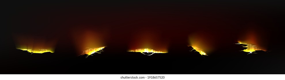 Grietas de tierra con luz dorada adentro, roturas en la superficie terrestre aisladas en el fondo negro. Conjunto vectorial realista de fisura en el suelo con brillo mágico dorado, fracturas y grietas brillantes