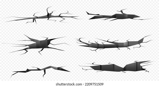 Ground cracks and holes perspective view. Earthquake cracking, ruined land surface crushed texture. Destruction, split, damage fissure effect after disaster, isolated realistic 3d vector illustration