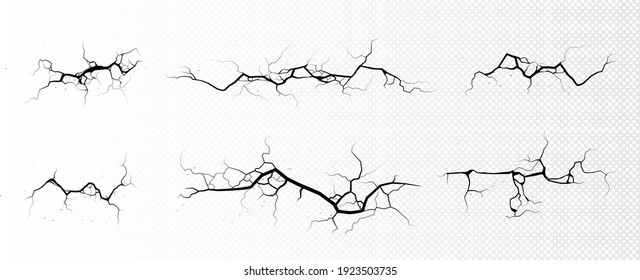 Ground cracks, horizontal breaks on land surface isolated on transparent background. Vector realistic set of fissure in ground, crevices from disaster or drought, black fractures top view
