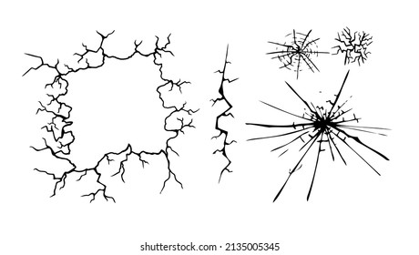 Ground cracks, horizontal breaks on land surface isolated on transparent background. Vector realistic set of fissure in ground, crevices from disaster or drought, black fractures top view