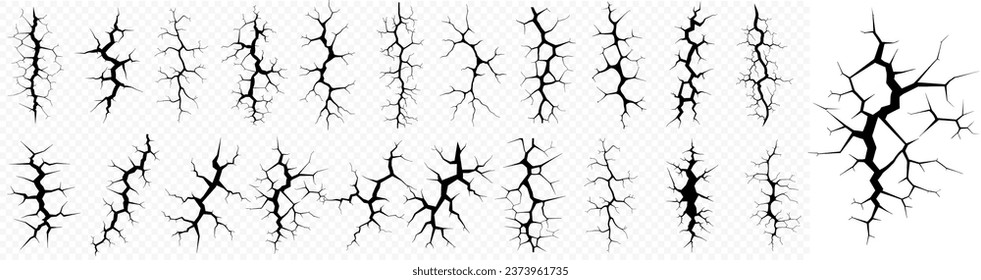 Ground cracks, horizontal breaks on land surface, damage fissure effect after disaster isolated on transparent background. Hand drawn cracked glass, ground in cartoon doodle style. Vector